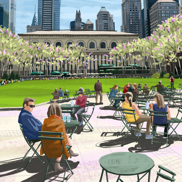 Painting of people sitting at tables in Bryant Park