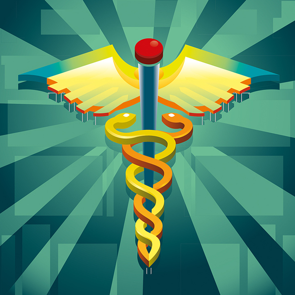 Caduceus symbol (AKA the healthcare symbole) with twip snakes wrapped around a staff with wings