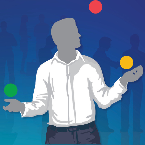Male figure juggling three colored balls on gradient background