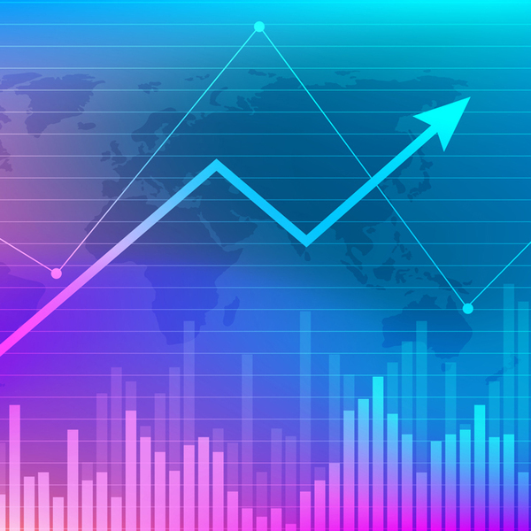 Various types of purple and blue financial graphs in front of global map