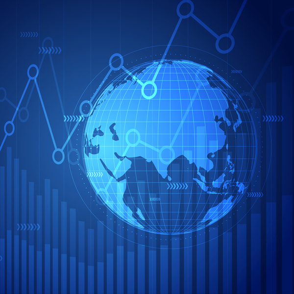 Blue line and bar graphs in front of a globe 