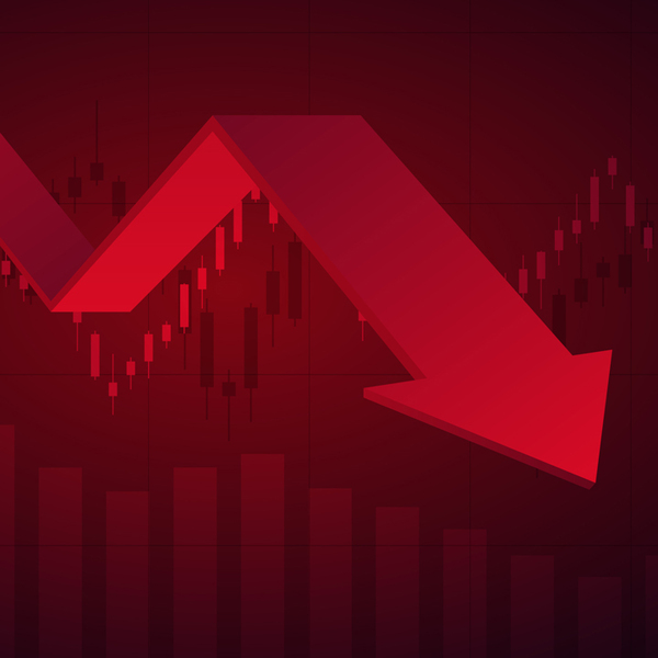 Large downward sloping arrow in front of candle-stick and bar graphs in red