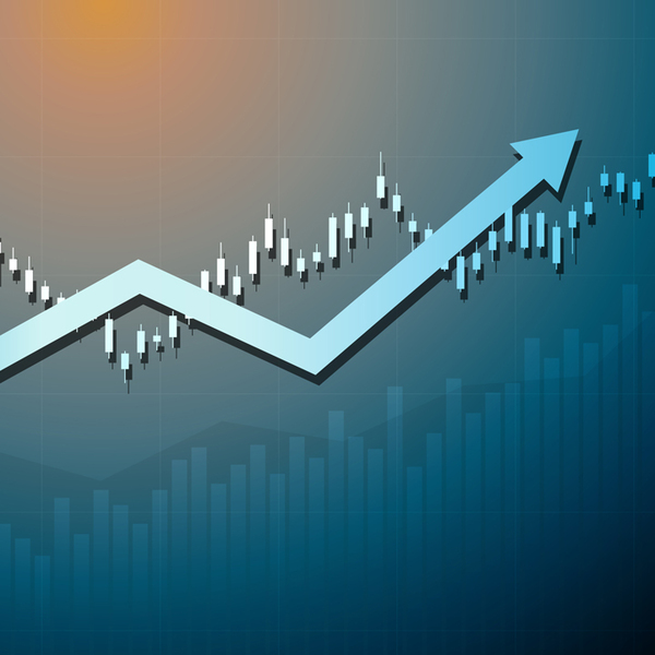 Large upward trending arrow in front of candle-stick graphs and bar graphs, blue and red