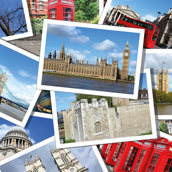 Postcard collage from London in England, United Kingdom
