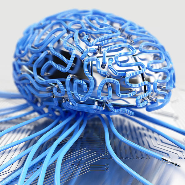 Steel brain with wires and cables. 3D illustration