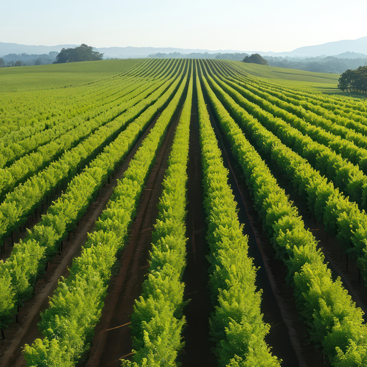 Rows of green macadamia trees stretch into distance on sunny day. 