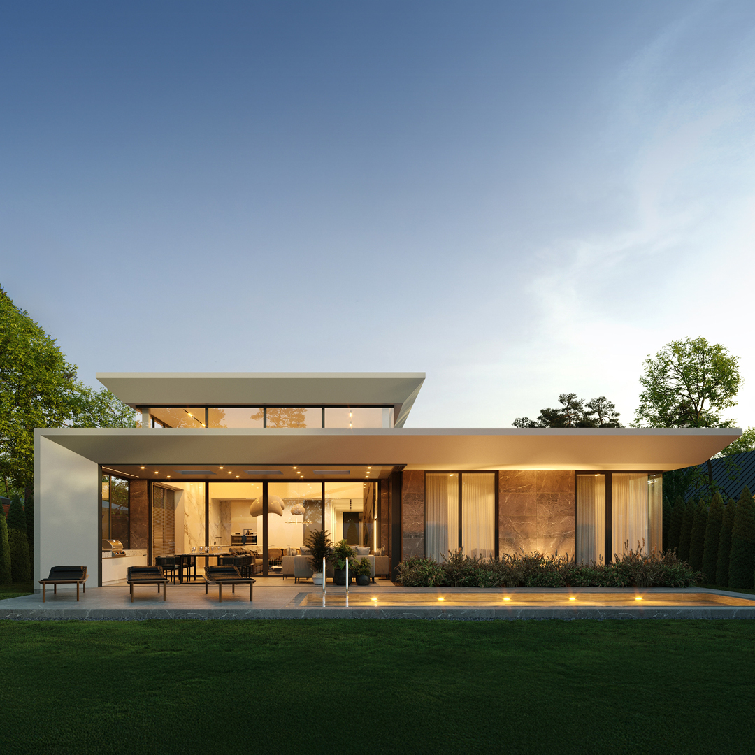 Modern one-story house with panoramic windows.