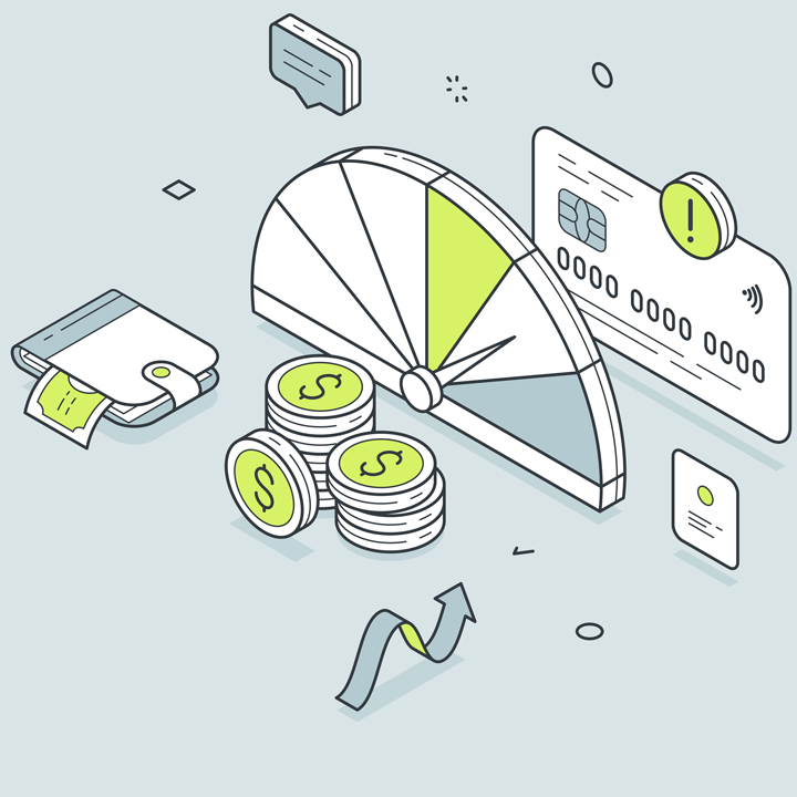 Illustration of a financial report with a rating meter and credit card. 