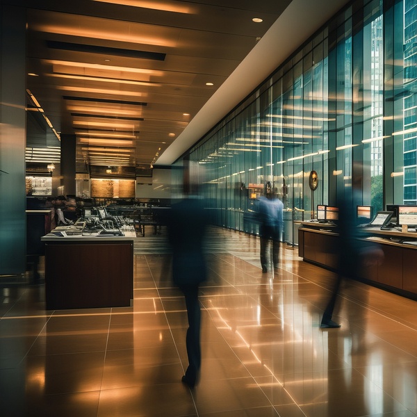 Blurred bokeh effect in a busy banking hall with teller windows and customer interactions