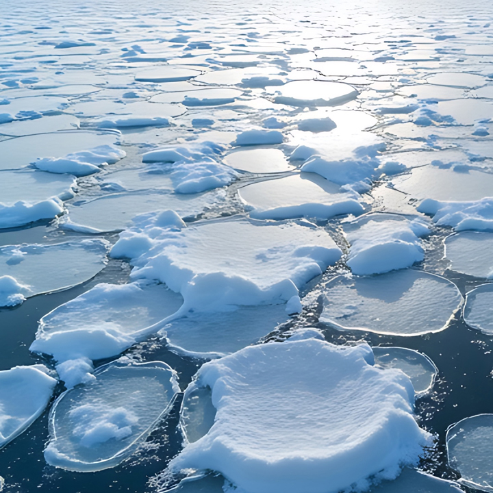 Aerial view of ice floes on the water surface in winter season