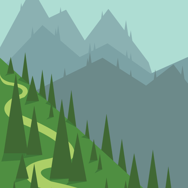 Cartoon spruce trees surrounding a light green path with mountains in the background