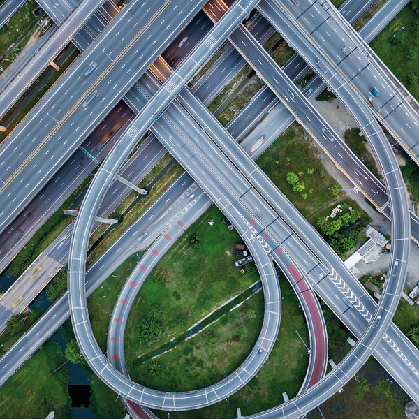 Top view of the intersecting freeway road overpass at the eastern outer ring road of Bangkok, Thailand