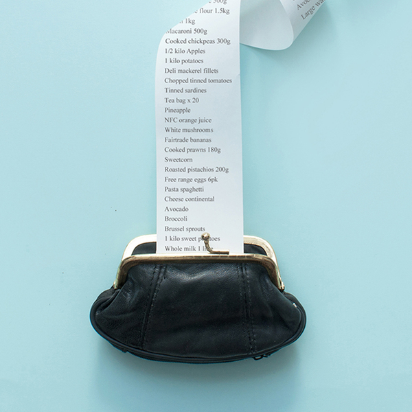 long grocery list coming out of coin purse