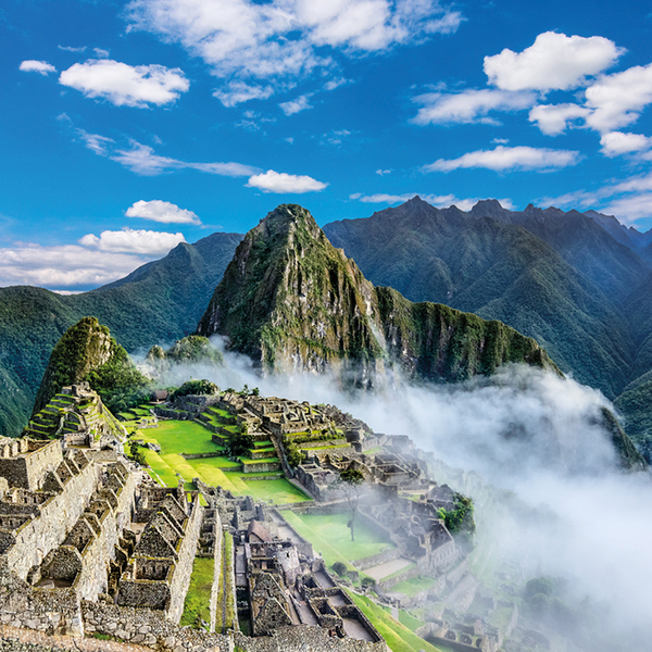 Overview of Machu Picchu, agriculture terraces and Wayna Picchu peak in the background