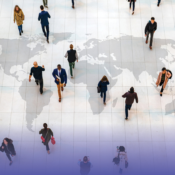 People walking over a world map