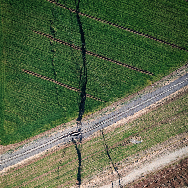 Aerial veiw of farmland with fault line