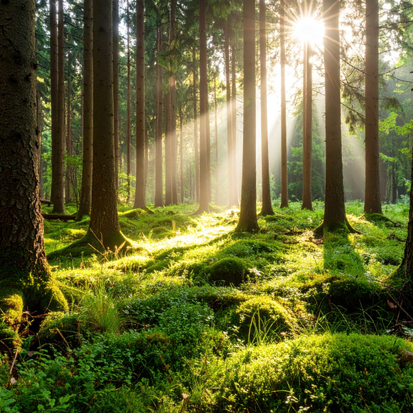 A forest with a sun shining through the trees, creating a bright and lively atmosphere.