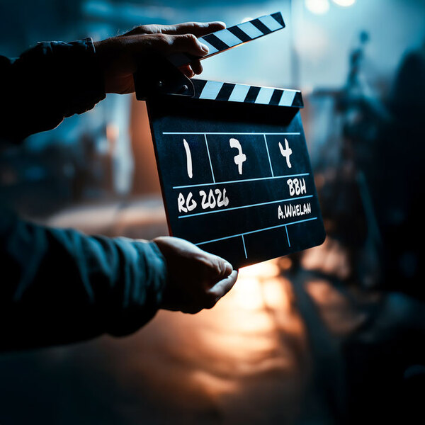 Close-up of hands holding a film clapperboard in a studio.