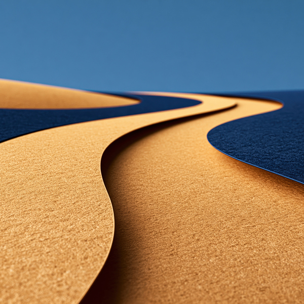 Layered paper cut design with several winding routes converging into two paths