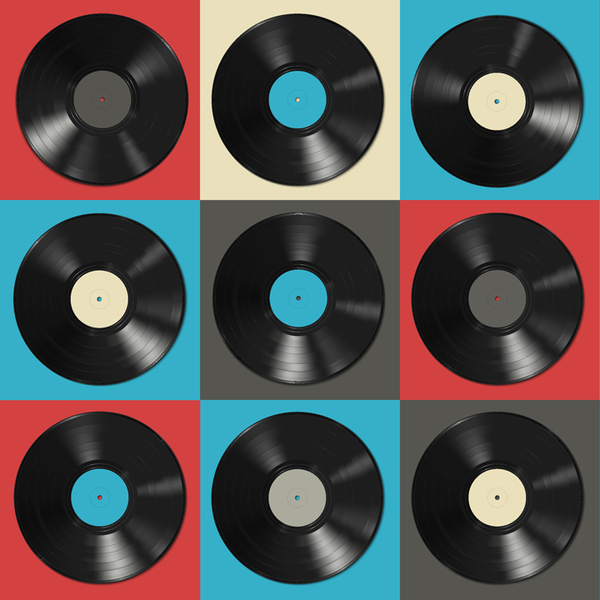 Vinyl records with colorful labels on colorful background.