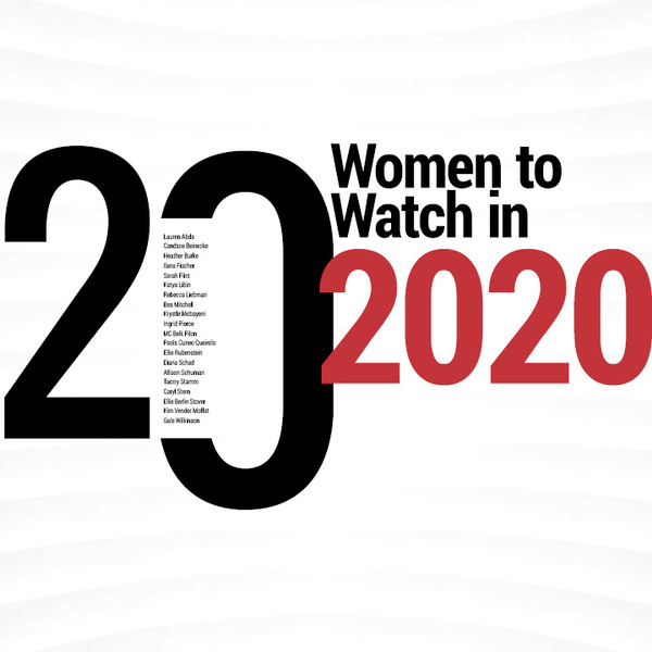 "20 Women to Watch in 2020" black and red writing with the Women's names inside of the "20"