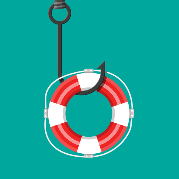 A life preserver on a fish hook with teal background