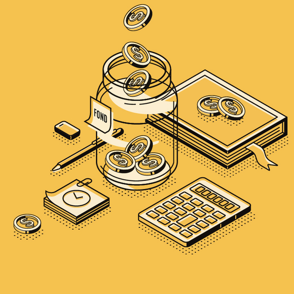 Dollar coins falling to glass jar with books and stationary around 3d vector illustration line art 