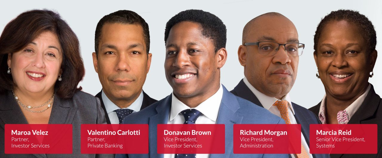 Headshots of five BBH employees: Maroa Velez, Valentino Carlotti, Donavan Brown, Richard Morgan and Marcia Reid