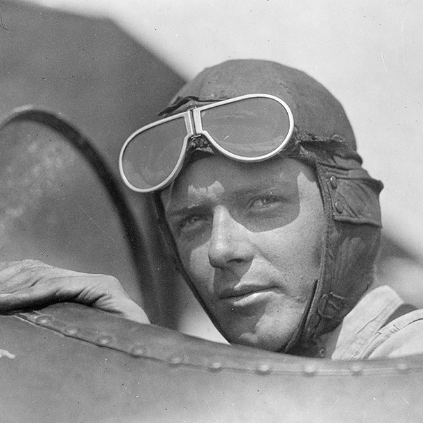 Charles Lindbergh sitting in the Spirit of St Louis
