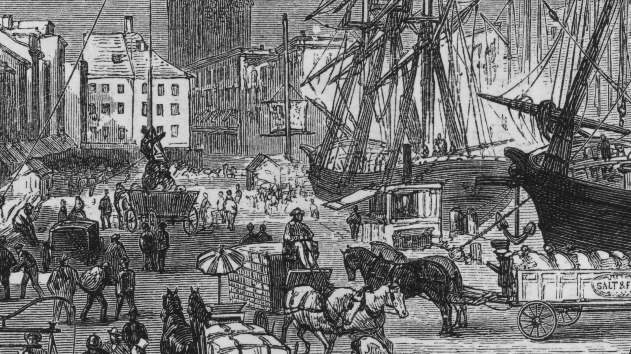 Engraving of NY seaport with ships for linen trade