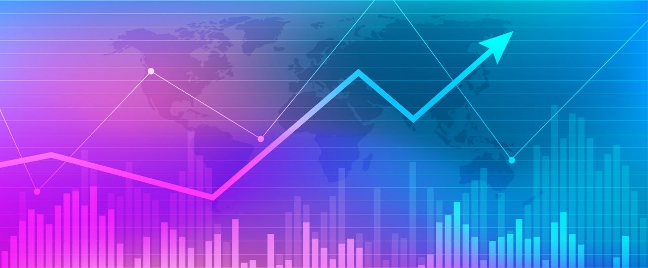 Various types of purple and blue financial graphs in front of global map