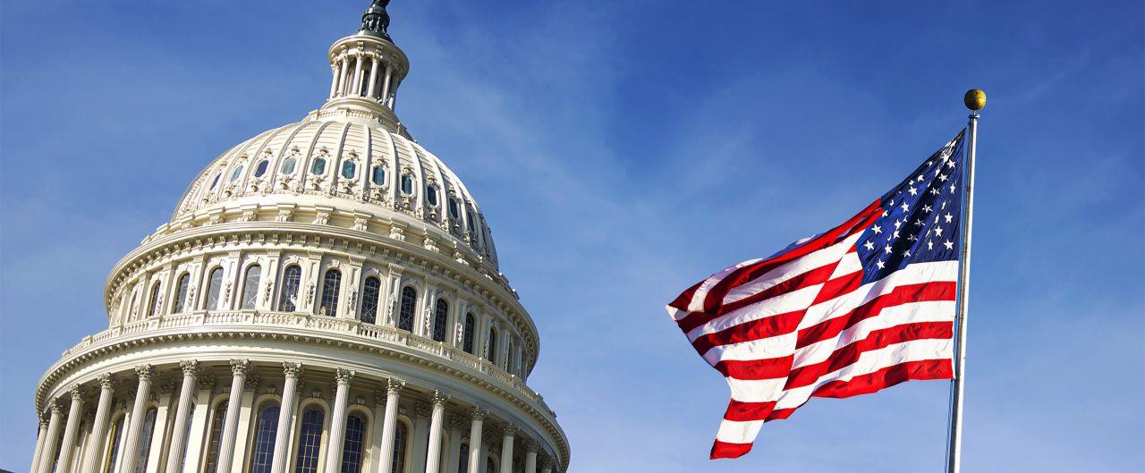 American flag waving with the Capitol Hill in the background