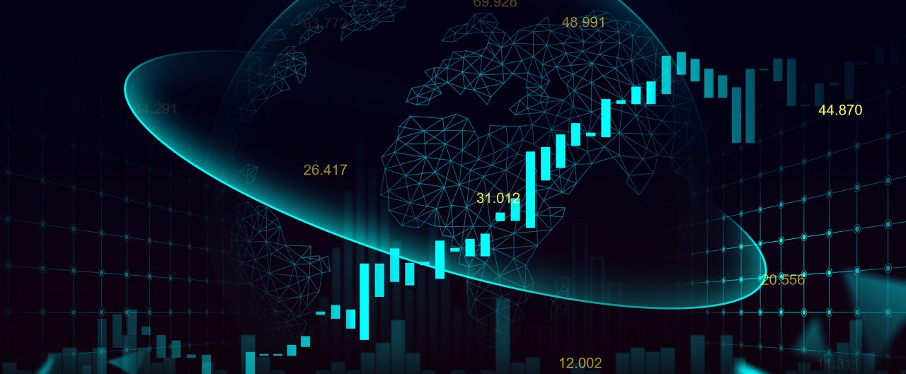 Glowing lines and financial graphs floating around a globe like rings