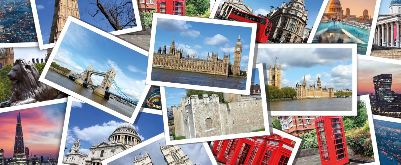 Postcard collage from London in England, United Kingdom