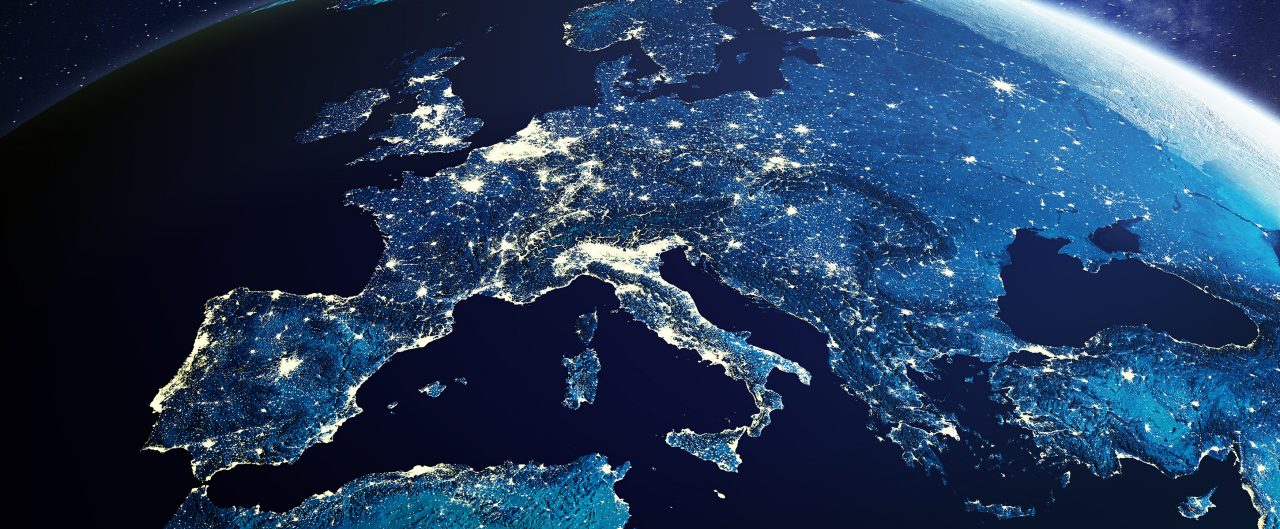 Europe from space at night with city lights showing European cities