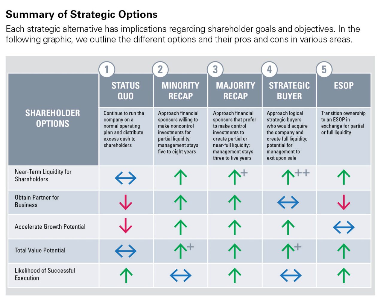 Each strategic alternative has implications vis-a-vis shareholder goals and objectives. In the following graphic, we outline the different options and their pros and cons in various areas.