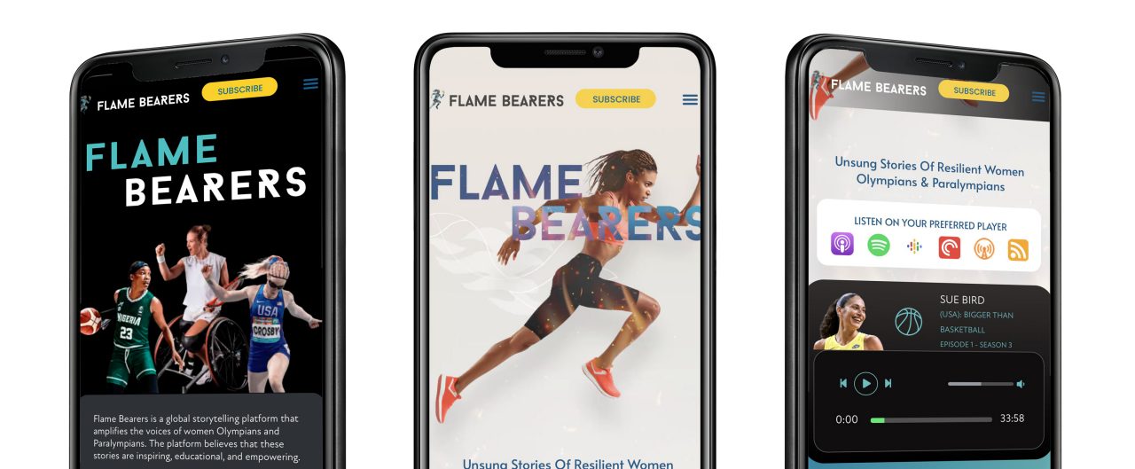 Front and side view of black smartphone with images of the Flame Bearers app