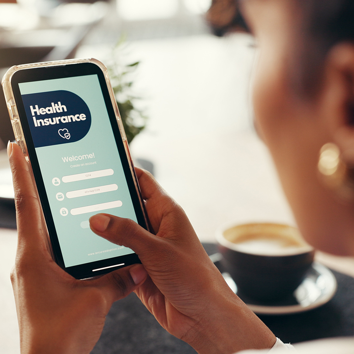 Phone screen, health insurance and hands of woman for digital application, app and check in. Claims status, membership benefits and medical cover with person for login and online review in cafe.