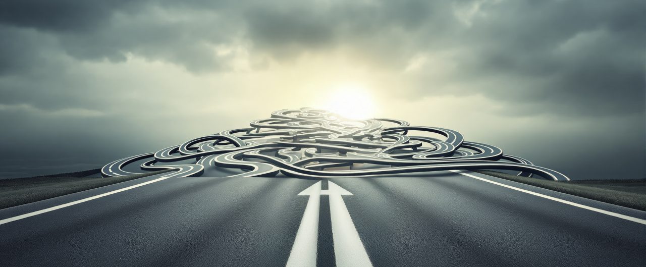 Chaotic network of roads under a cloudy sky background, concept of business decisions and uncertainty