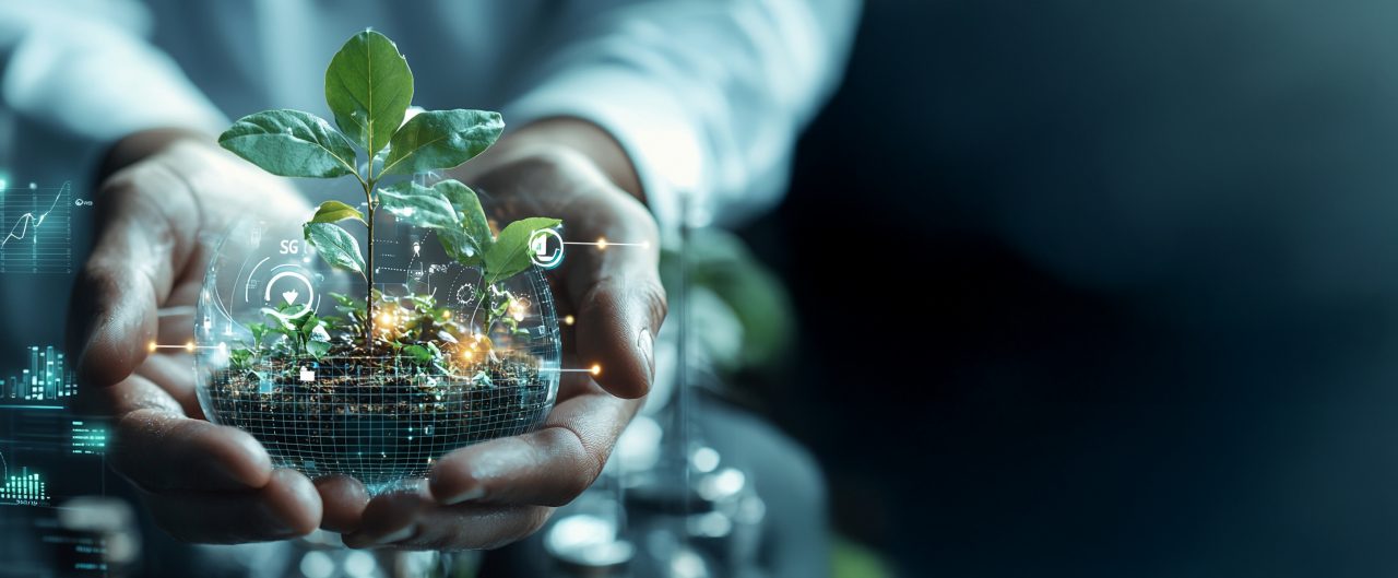 Ai-generated business vision hands holding glowing sapling in futuristic environment for sustainable growth