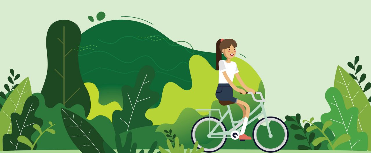 Bicycle riding girl. Park, forest, trees and hills