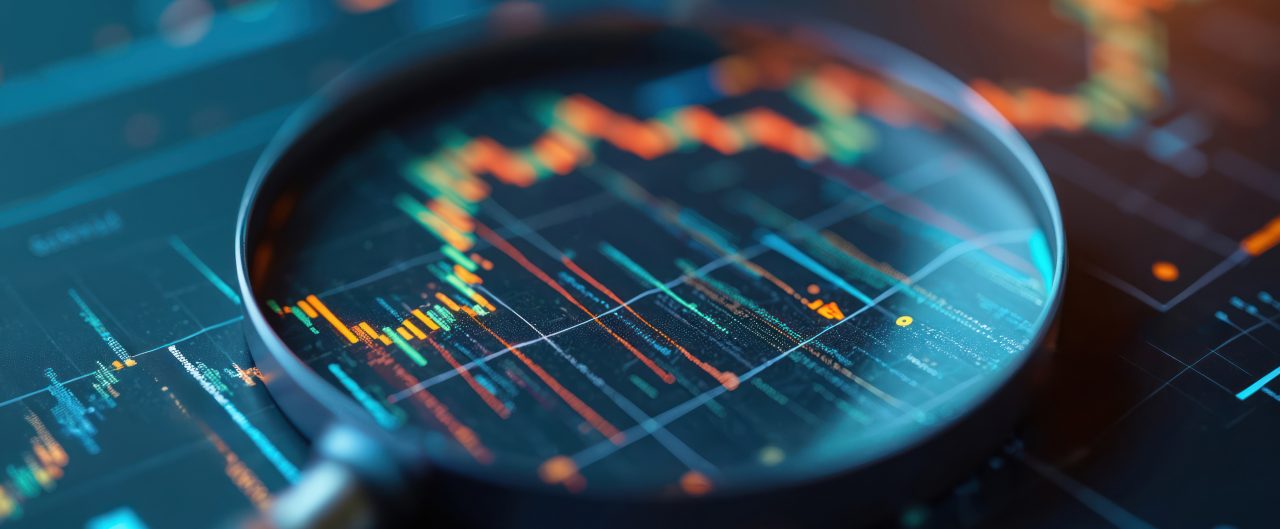 Magnifying glass examines financial graph, analysis of financial trends. Focus on investment, stock market data. Business growth numbers, economic forecast. Fintech innovations, trading strategies