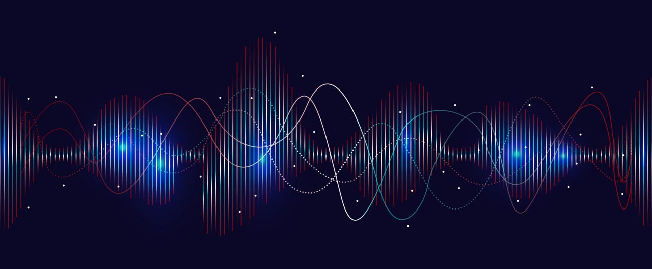 Glowing sound wave with dotted frequency lines and neon effects style against dark background.