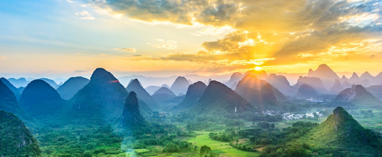 Landscape of Guilin, Li River and Karst mountains. Located near Yangshuo County, Guilin City, Guangxi Province, China.