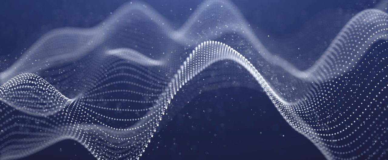Illustration of futuristic abstract background, particle shape of waves white color on dark blue background