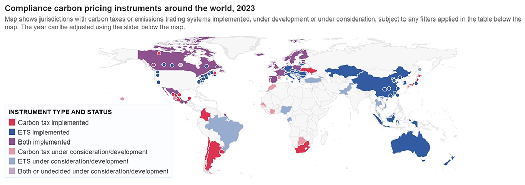 Map shows jurisdiction with carbon taxes or emissions trading system implemented, under development or under consideration, subject to any fibers applied to the table below the map. The year can be adjusted using the slider below the map. 