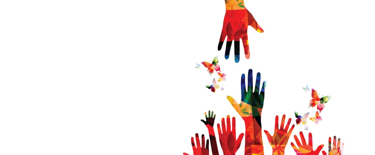 Colorful hand reaching for other colorful hands with butterflies in the background