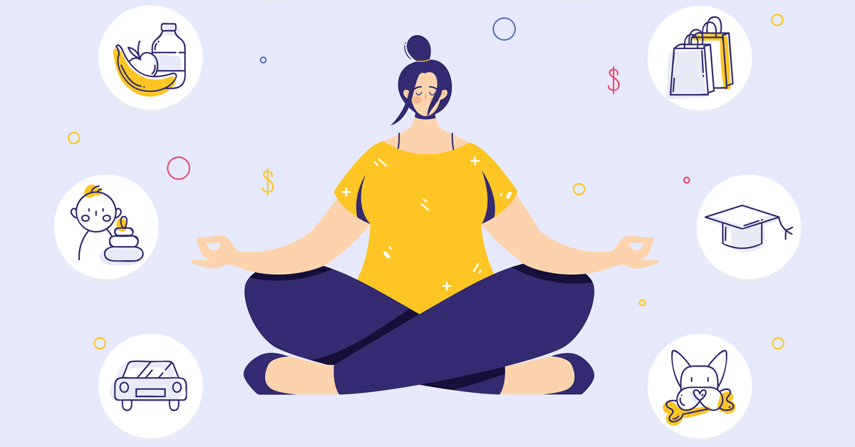 Woman sitting in yoga lotus pose and meditating. Human needs icons. Life balance concept. 