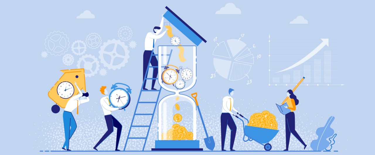 People Bringing Clocks to Hourglass, Watch is Transformed into Income. Time is Money Concept Flat Cartoon Vector Illustration. 