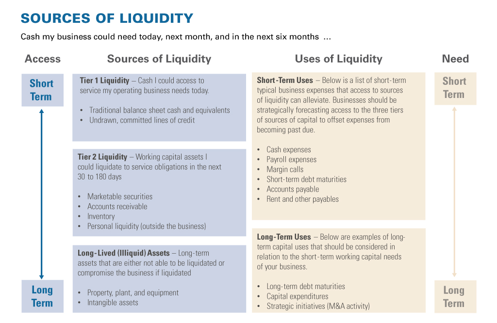 Sources of Liquidity: short term to long term sources (cash, working capital, long-term assets), uses and need 